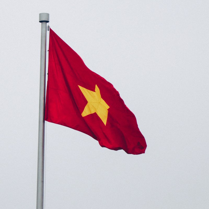Vietnamese flag flying on a flagpole. Gray sky background